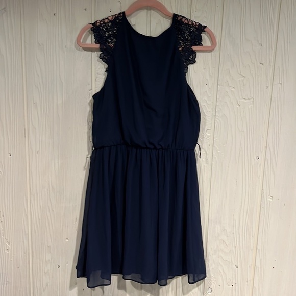 A. Byer Navy Blue Dress with Lace Cap Sleeves - Large - Picture 5 of 12